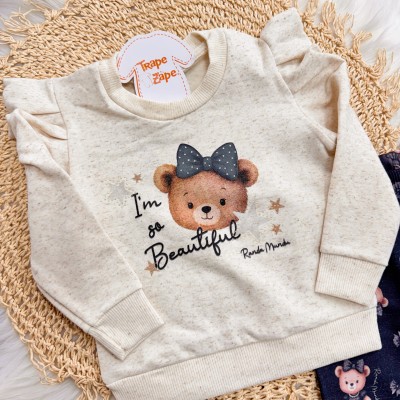 Conj. Blusa Moletom de Linho I'm So Beautiful e Calça Ursinhas - Areia e Preto